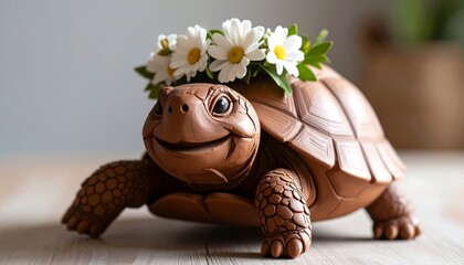 Turtle Figurine with Daisy Flower Crown on Wood Surface