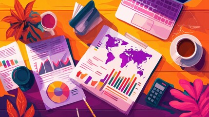 Global market analysis illustration flat design top view corporate theme cartoon drawing vivid.