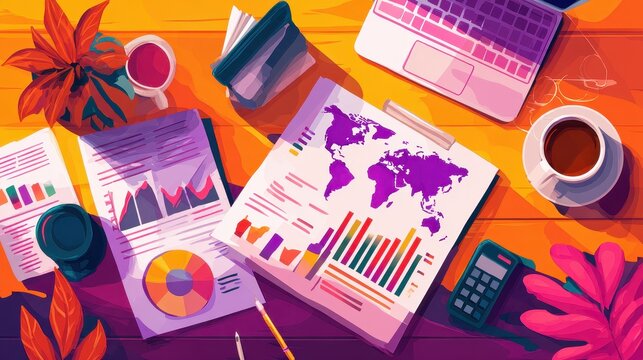 Global market analysis illustration flat design top view corporate theme cartoon drawing vivid.