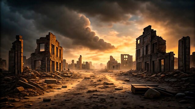 Post apocalyptic ruined city with destroyed buildings and dramatic dark sky at sunset
- Powered by Adobe