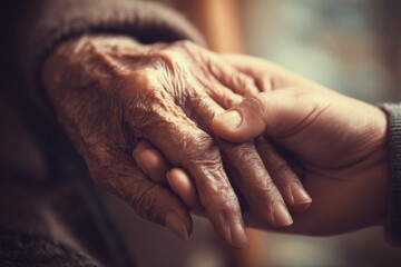 Fototapeta premium A young hand gently holds an elderly wrinkled hand