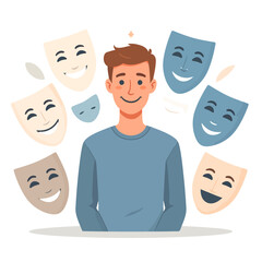 Man surrounded by masks representing different emotions and personalities.