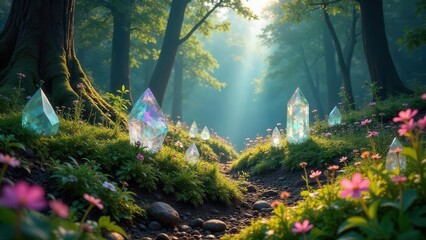 Enchanted Forest Path Iridescent Crystals Gleam Amongst Blossoming Wildflowers and Ancient Trees in a Mystical Dawn
