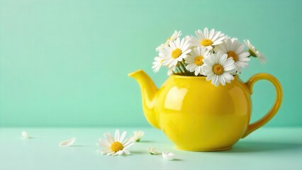 A cheerful yellow teapot filled with a bouquet of daisies sits on a pale aqua surface