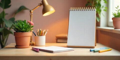 A Cozy Workspace Featuring a Blank Notepad, Desk Lamp, and Blooming Succulent Plant