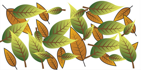 Assortment of Green and Brown Autumn Leaves Scattered Artistically.