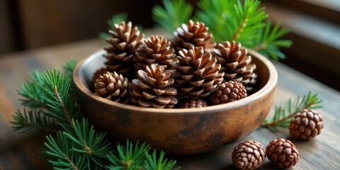 A rustic wooden bowl brimming with fragrant pine cones and evergreen sprigs, a charming autumnal or winter centerpiece