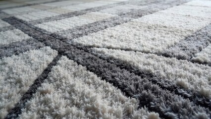 Close-up Texture of a Plush Shag Carpet with Geometric Design in Shades of Gray and White
