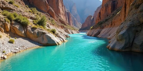 A Serene Turquoise River Winds Through a Majestic Canyon Gorge, Its Crystal-Clear Waters Reflecting the Steep, Rugged Cliffs