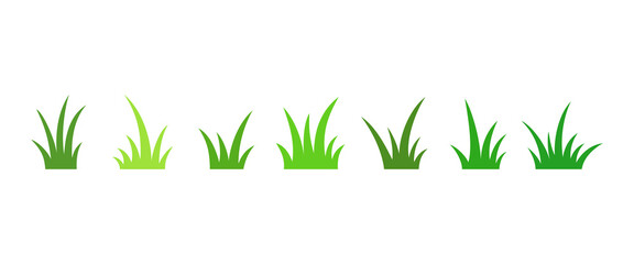 Young spring green grass, set of icons, isolated on a white background, vector illustration flat design. Different shapes of a bunch of grass, simple silhouette for decoration, lawn, design, poster