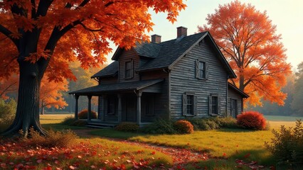 Rustic Autumnal Farmhouse Nestled Amongst Vibrant Fall Foliage on a Sunny Day