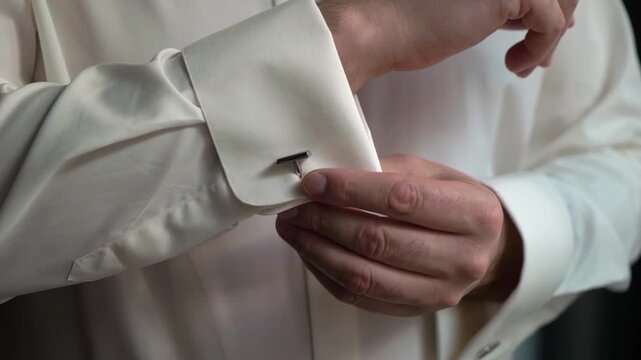 A detailed closeup of a hand skillfully fastening a cufflink on a pristine white formal shirt, showcasing elegance