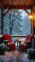 Cozy winter porch scene with snow falling gently, blankets draped over chairs, warm lighting, inviting atmosphere, perfect for relaxation , cottage, inviting