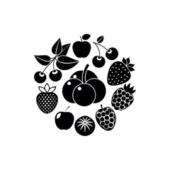 Minimalistic black and white circular arrangement of various fruit icons, a food illustration silhouette vector