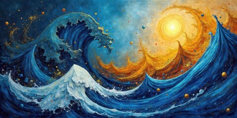 A Celestial Dance of Opposing Ocean Waves, Embellished with Golden and Blue Hues, and Scattered Celestial Bodies