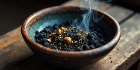 Aromatic incense burning in a rustic bowl, emitting fragrant smoke, a blend of dark charcoal and golden grains