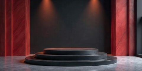 Dramatic Three-Tiered Dark Platform Against Red Walls with Subtle Lighting