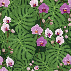 Tropical vector pattern featuring monstera leaves and orchid flowers design, seamless pattern, Stock royalty.