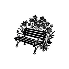 An ornate park bench surrounded by lush vegetation in a monochromatic design silhouette vector © Md CF ID #17860857