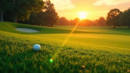 Golden Hour Golf A Single Ball Rests on a Verdant Fairway at Sunset