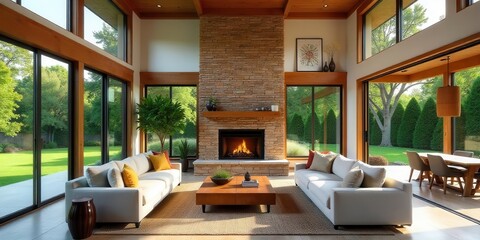 Modern home interior design featuring a stone fireplace and expansive windows showcasing a lush green lawn