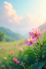 Serene Pink Blossoms Gracefully Sway in Gentle Breeze Against a Misty Mountain Panorama