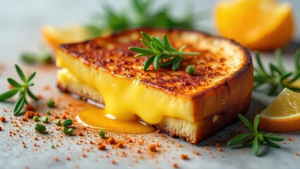 Golden-brown crust, melted cheese, herb garnish, and citrus slices a delectable culinary composition