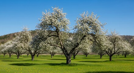 Obraz premium Blossoming trees in a green field under a blue sky.