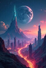 A Futuristic Metropolis Nestled in a Mountain Valley Underneath a Giant Celestial Body at Sunset