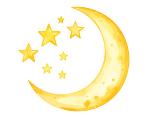 Hand drawn watercolor crescent moon and star cluster.