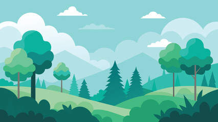 Obraz premium Minimalist Landscape Illustration with Green Trees, Mountains, Clouds, and Blue Sky Background