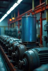 Industrial Machinery Row Close-up View of Aged Motors in a Factory Setting