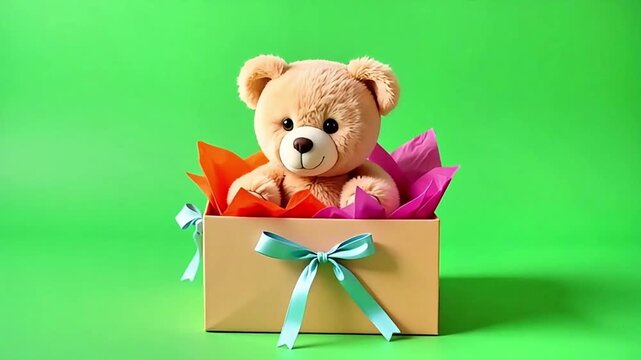 Adorable teddy bear in a gift box with colorful tissue paper, perfect for birthdays and celebrations