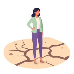 Woman Standing on Cracked Earth, Symbolizing Environmental Concerns and Climate Change.
