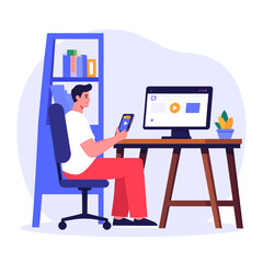 Man working on computer and tablet at desk in office.