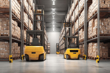 organized warehouse with neatly stacked pallets, forklifts operating, professional logistics environment