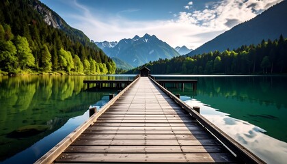 Serene lake pier at dawn