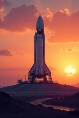 Naklejka premium A majestic spacecraft stands poised on the launchpad, silhouetted against a breathtaking sunset, ready for its journey into the cosmos.