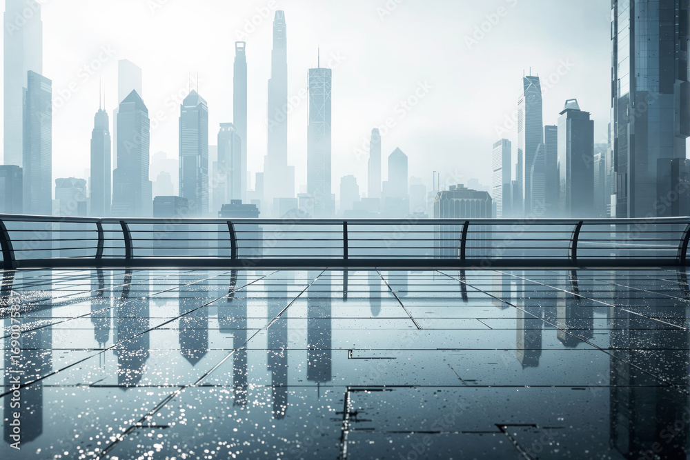 Poster futuristic city skyline with reflective wet platform and modern skyscrapers in morning mist under so