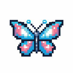 A beautiful pixel art butterfly icon with the colors of the transgender pride flag. Retro 8-bit style digital illustration representing LGBTQ+ identity and freedom