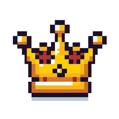Golden pixel crown graphic representing a winning achievement or royalty status in a retro 8-bit video game style, isolated on a white background