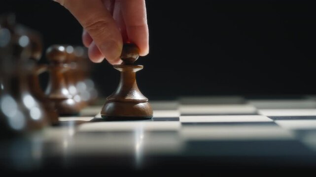 Close up of a hand moving a black pawn forward on a chessboard