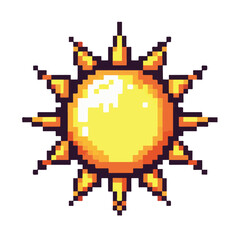 Vibrant pixel art sun icon with bright yellow rays, a retro 8-bit style digital illustration of a celestial star for a classic video game concept