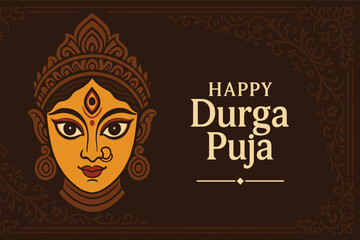 Durga goddess face vector illustration with ornate crown earrings and nose ring on dark decorative background for puja celebration