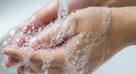 Fototapeta premium Hands are washed under running water with soapy bubbles promoting hygiene