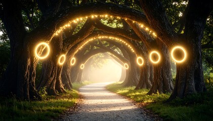 Walking Path Through Archway of Trees with Lights at Daytime
