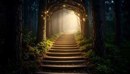 Walking Path Through Forest with Glowing Lights