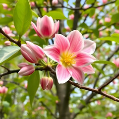 Obraz premium Liriodendron tulipifera beautiful ornamental tree in bloom, American tulip tree tulipwood flowering, flower on the branch