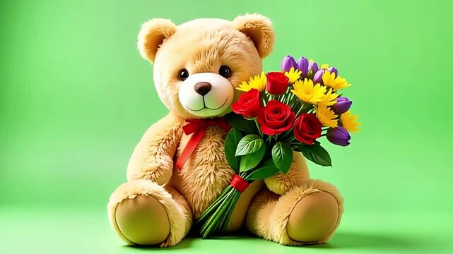 Adorable teddy bear holding vibrant floral bouquet, conveying love and heartfelt sentiments
