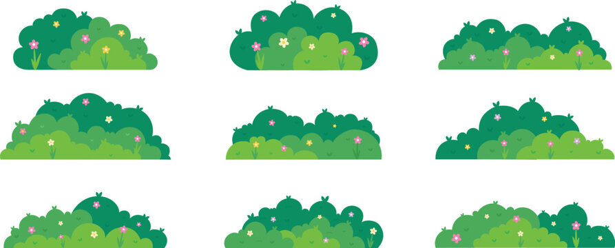 Grass Bush Flat Illustration Set &ndash; Cute Greenery Vector Collection